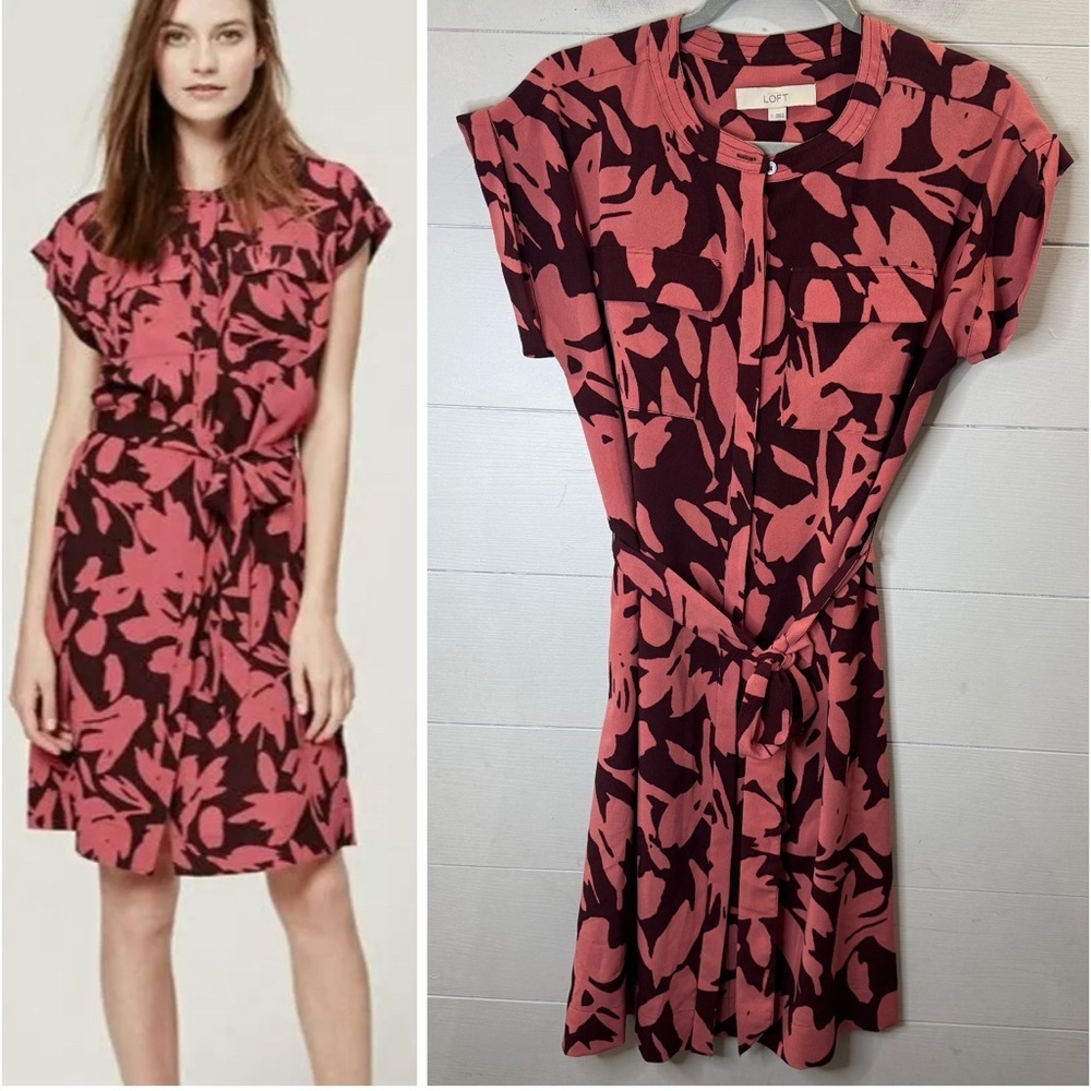 LOFT | Floral Print Rolled Sleeves Shift Tie Waist Dress Size Small